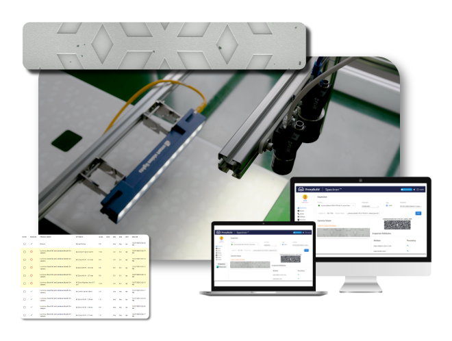 dashboard demo Zetamotion inspection dashboard showing defect detection results with a close-up of the inspection hardware and scanned material sample.