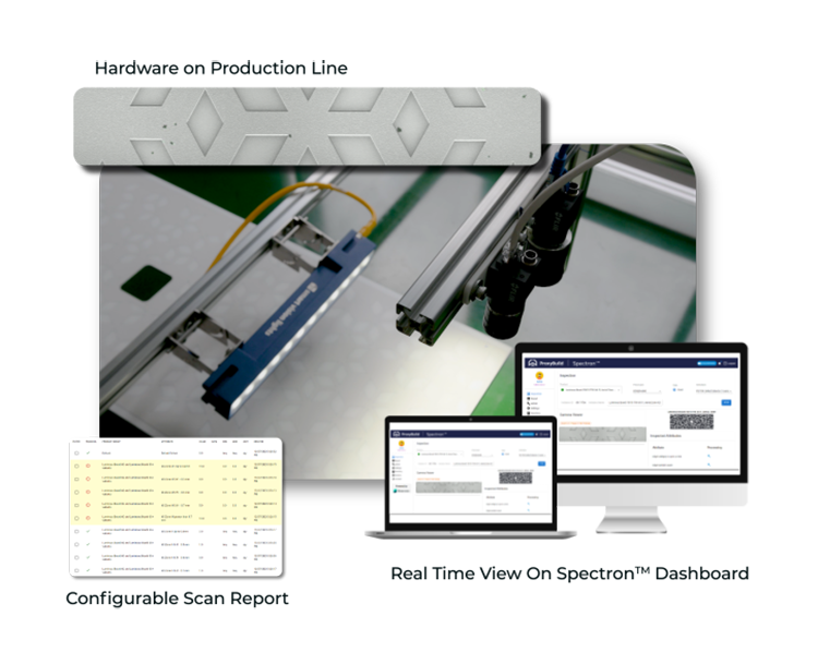 demo Zetamotion inspection dashboard showing defect detection results with a close-up of the inspection hardware and scanned material sample.
