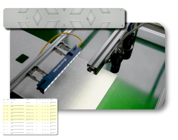 Dashboard San Report Zetamotion inspection dashboard showing defect detection results with a close-up of the inspection hardware and scanned material sample.